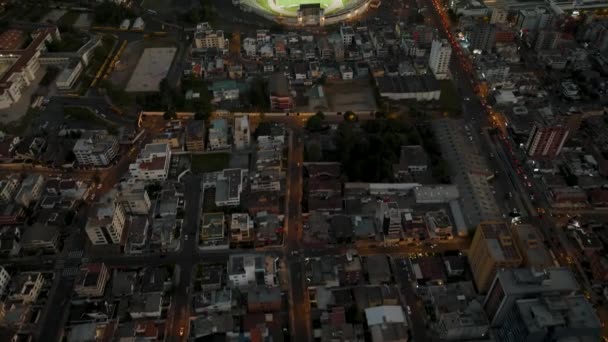 Aerial Tilt Shot Showing Cityscape Quito City Ecuador Lighting Soccer — ストック動画