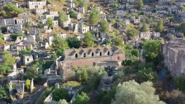 Aerial Drone Circling Abandoned Greek Orthodox Church Ghost Town Village — Vídeos de Stock