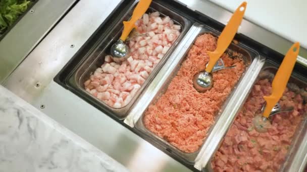 Variété Options Protéines Fruits Mer Restaurant Poke Bowl Curseur — Video