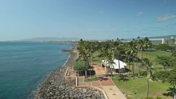 Flygfoto Över Hawaiian Waterfront Spårning Framåt Solig Dag — Stockvideo