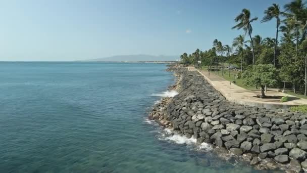 Luftaufnahme Der Hawaiianischen Uferpromenade Mit Ruhigen Meereswellen Sonnigen Tagen — Stockvideo
