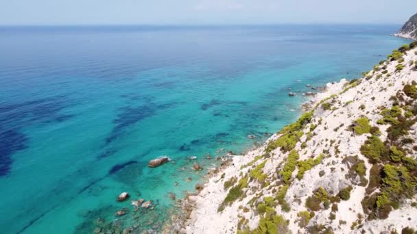 Rocky Coastline Turquiose Ionian Sea Lefkada Island Greece Aerial — Vídeo de Stock