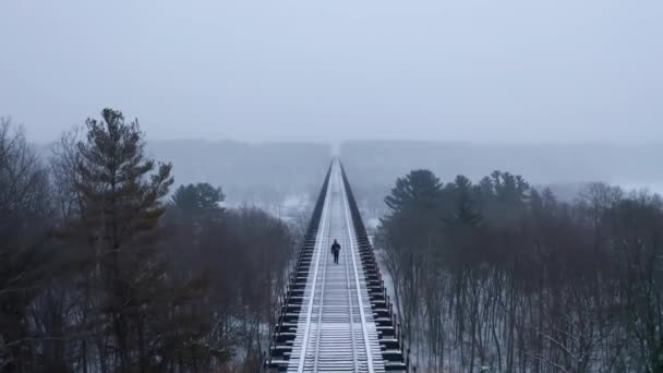 Kinematografické Stoupající Letecké Záběry Muže Kráčejícího Velmi Dlouhém Železničním Mostě — Stock video