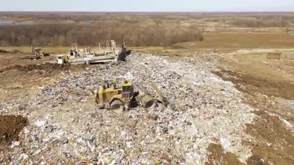 Landfill Flying Birds Industrial Equipment Working Aerial View — Video