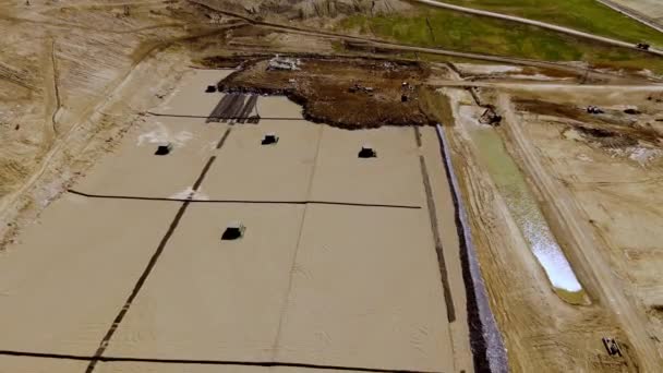 Heavy Equipment Preparing Foundation Landfill Aerial Drone View — Stockvideo