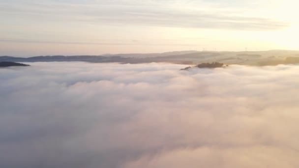 Magnificent Foggy Sunrise Westerwald Region Aerial Dolly Zoom — Stock Video