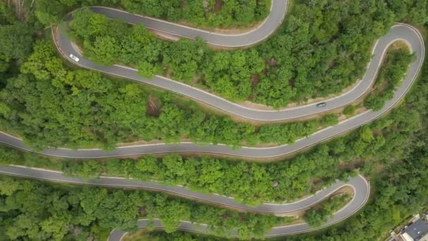 ドイツの夏の間にいくつかのヘアピンターンと険しい山道に沿って運転車 空中高角度スライダーショット — ストック動画