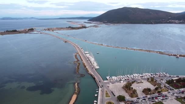 Lefkada Yüzen Köprü Yolu Yunanistan Bağlandı Havadan Lerleme — Stok video