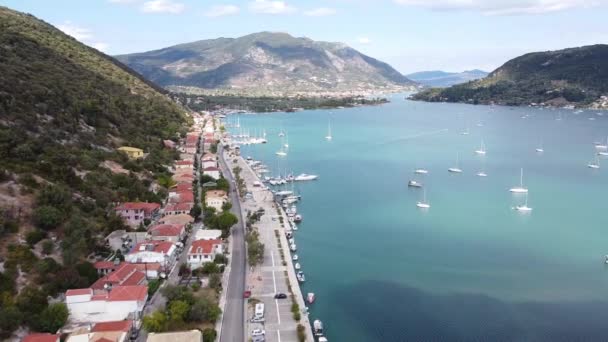 Nidri Bay Coastal Road Lefkada Island Greece Aerial Forward — ストック動画
