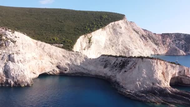 White Cliffs Porto Katsiki Beach Lefkada Island Greece Aerial Reveal — 비디오