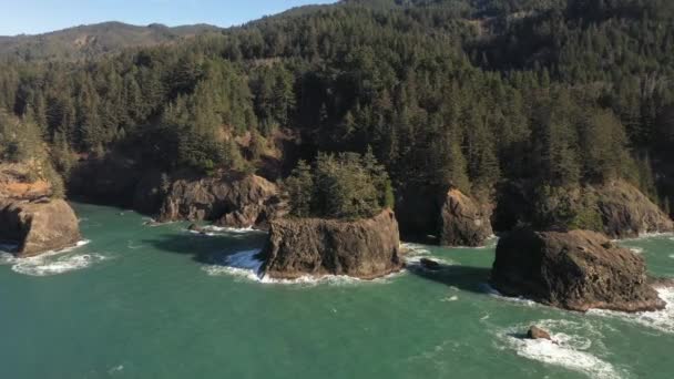 Southern Oregon Secret Beach Coastline Beautiful Drone View Sea Stacks — Stock Video