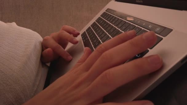 Close Video Woman Telecommutes Her Macbook Pro Computer Designer Works — Vídeos de Stock