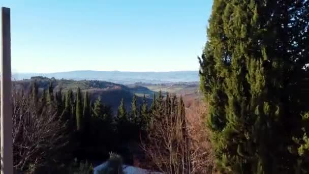 Lotnicza Lalka Przodu Ukazująca Górski Krajobraz Cyprysami Toskanii Włochy — Wideo stockowe