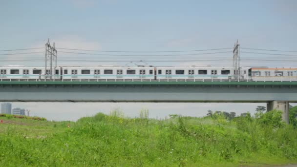 Dos Trenes Pasan Uno Frente Otro Día Soleado Japón Rural — Vídeo de stock