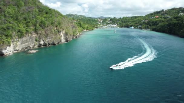 Speedboat Coming Out Marigot Bay Captured Drone Beautiful Hidden Gem — Stock Video