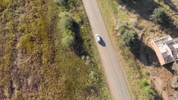 Aerial Silver Car Travelling Open Road Fields Both Sides — Stock Video