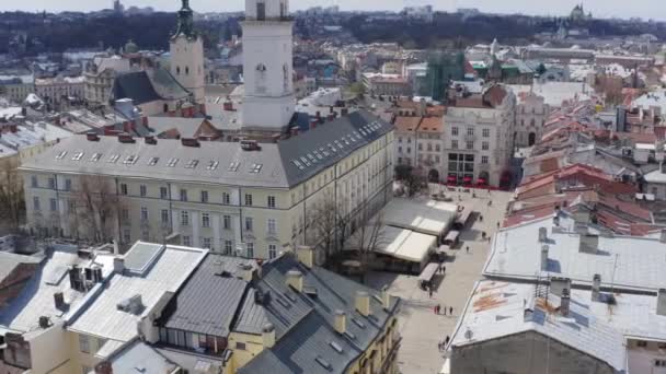 Aerial Drone Lviv Old Market Square Winter Ukraine — Video