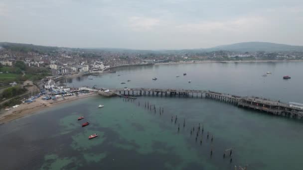 Swanage Piren Dorset Stranden Och Staden Storbritannien Drönare Antenn Utsikt — Stockvideo