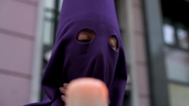 Penitent Lights Candle Procession Celebrate Holy Week Cadiz Spain Two — Stock Video