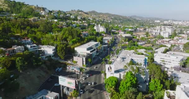 Aerial Drone Shot Sunset Boulevard Strip Sunny California Day Montanhas — Vídeo de Stock