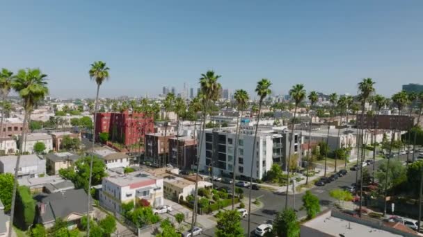 Sunny Day Drone Shot Overlook Rooftops Los Angeles Skyline Horizon — 비디오