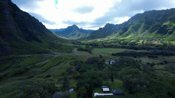 茂盛的夏威夷绿色山脉和山谷向热带海滩和海洋的空中揭示 — 图库视频影像