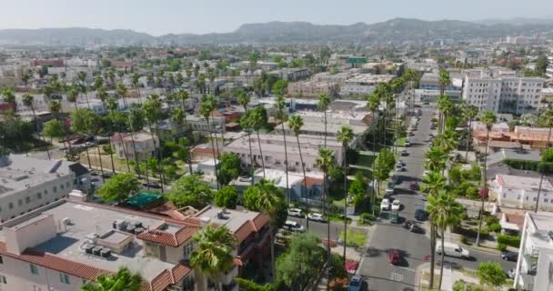 Aerial Drone Shot Los Angeles Apartamentos Com Palm Tree Lined — Vídeo de Stock