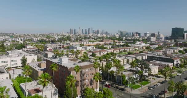 Drone Shot Los Angeles Residential Neighborhood Sunny Day Downtown Skyline — 비디오