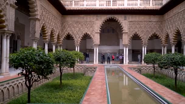 Sartén Cámara Lenta Derecha Patio Interior Del Alcázar Sevilla España — Vídeos de Stock