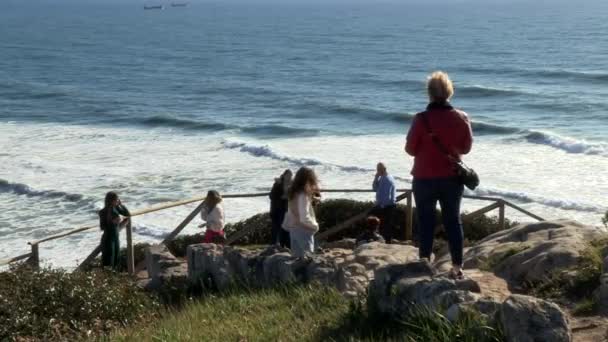 Grupp Människor Tittar Och Överväger Havet Magnifik Utsikt Från Synvinkel — Stockvideo