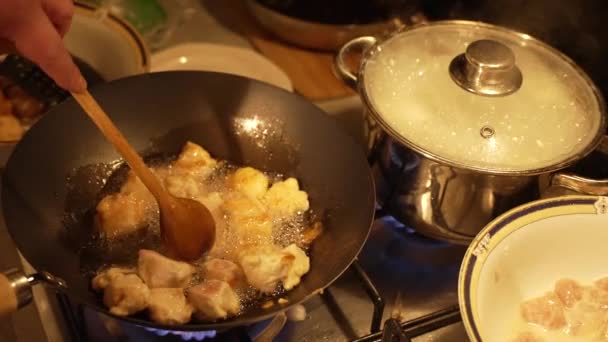 Woman Cooking Chicken Breast Frying Pan Stove Slow Motion — Vídeo de stock