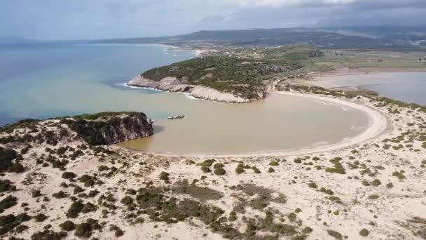 Playa Voidokilia Dunas Arena Peloponeso Grecia Aérea Escénica — Vídeo de stock