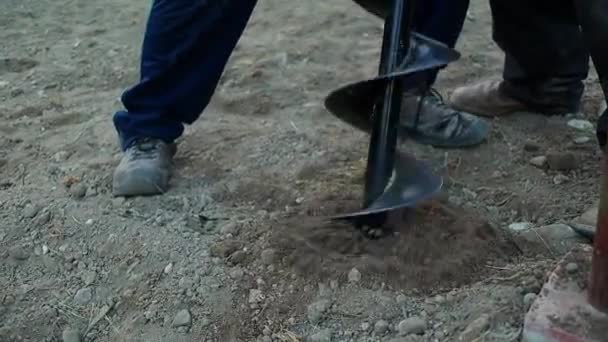 Close Shot People Drilling Soil Auger Prepare Sowing — 비디오