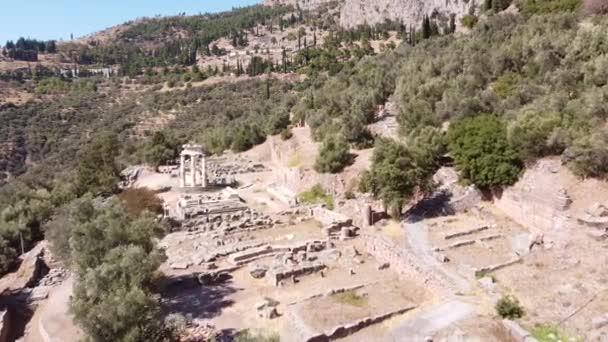 Velho Oráculo Delphi Sítio Arqueológico Grécia Central Aerial Forward — Vídeo de Stock