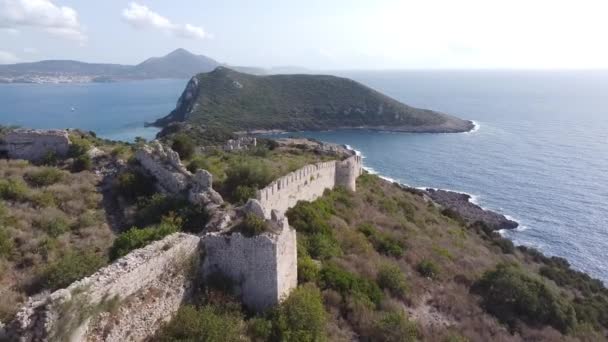 Château Navarino Mur Ruine Voidokilia Beach Péloponnèse Grèce Aérien — Video