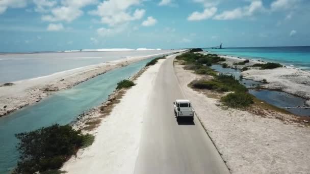 Drone View Car Going Salt Pans Bonaire Dutch Caribbean South — Stock Video