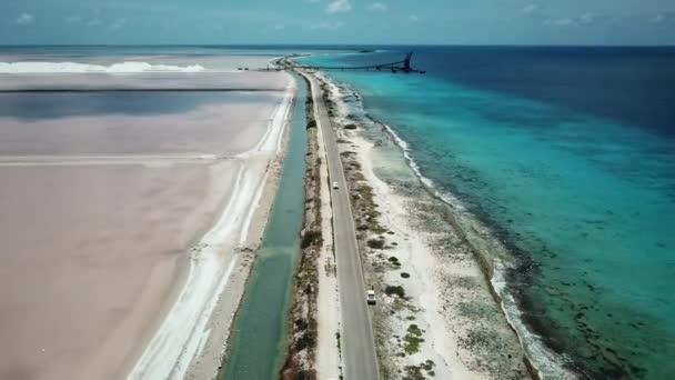 Front Aerial View White Car Traveling Road Bonaire Dutch Caribbean — Stockvideo