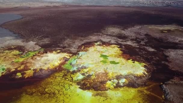 Abstract Colored Lava Field Acid Green Lakes People Walking Exploring — Stock Video