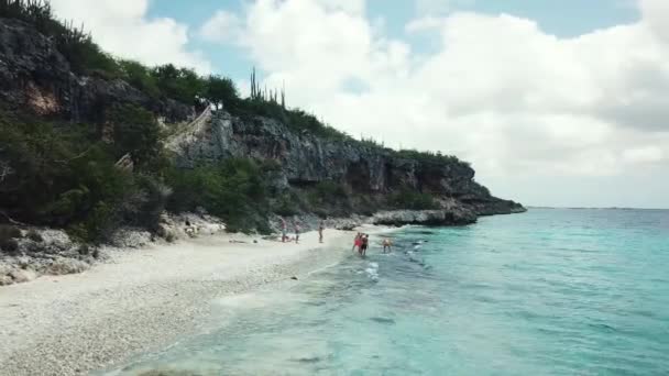 Close Drone View Group Friends Playing Beach Bonaire Dutch Caribbean — Vídeo de Stock