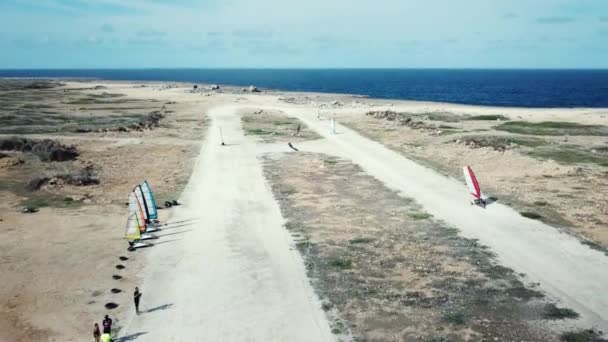 Drone View Blow Kart Landsailing Adventure Bonaire Dutch Caribbean South — Stock Video