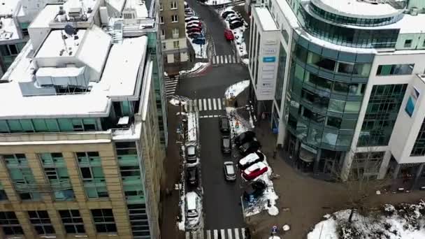 Aerial View Snowy Lwowska Street Warsaw Poland High Angle Drone — Vídeo de Stock