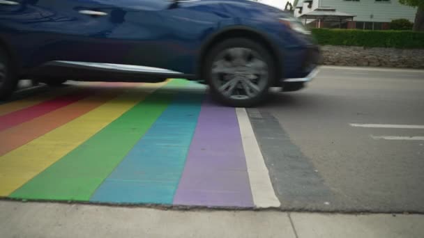 Cars Drive Rainbow Cross Walk Slowmotion Ontario — Stock Video