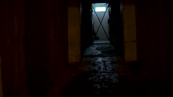 黑暗和狭窄的走廊内的家地下室 前手握 — 图库视频影像