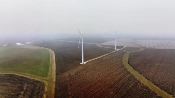 Wind Turbine Foggy Rural Setting Drone Shot — Stock Video