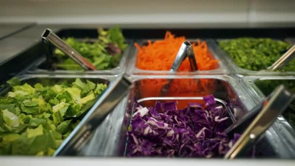 Kleurrijke Salade Bar Opties Versnipperde Geprepareerde Groenten Vullen Bakken Salade — Stockvideo