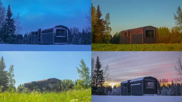 Thermowood Cabin Four Different Seasons Four Seasons Shot Time Lapse — Stock Video