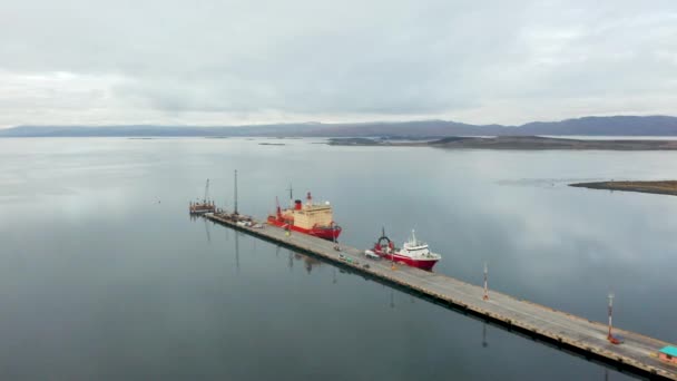 Fishing Boat Icebreaker Ship Moored Terminal Ushuaia Argentina Aerial — Stock Video