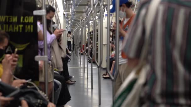 Passengers Using Mobile Phones Train Bangkok Thailand Pov — Stock Video