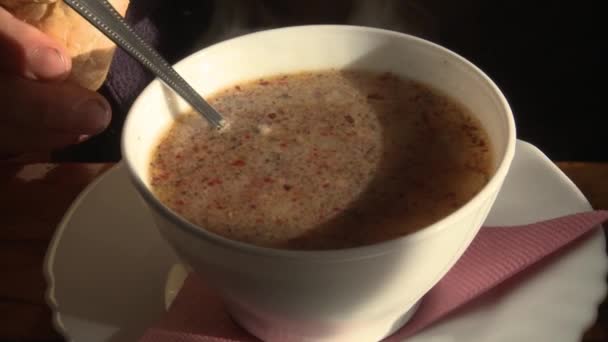 Steaming White Bowl Tripe Soup Front Man Who Holds Bread — Stock Video