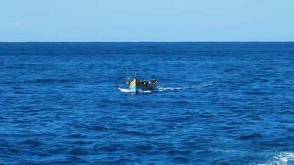 Solitaria Persona Navegando Barco Madera Motor Alto Cerca Costa Malta — Vídeos de Stock